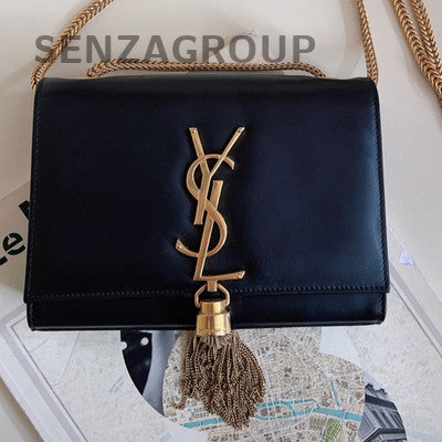 Saint Laurent Black Gold Leather Fringe Kate Chain Shoulder Bag Mini
