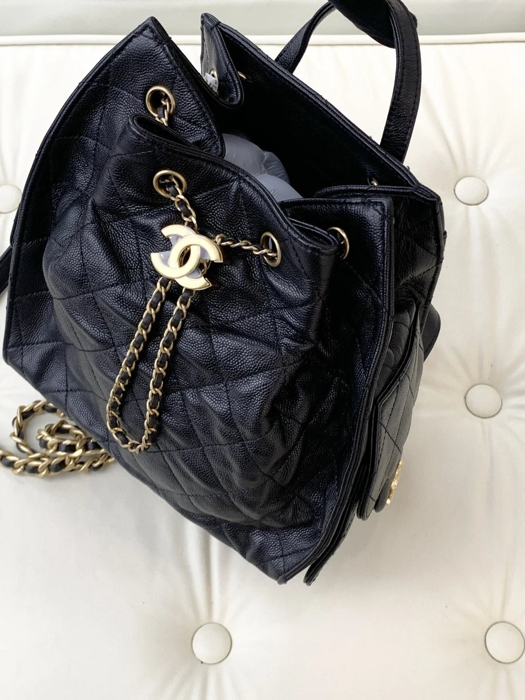 Chanel Calfskin Backpack PM Diamond Chain Top Handle Bag Black Gold Women S