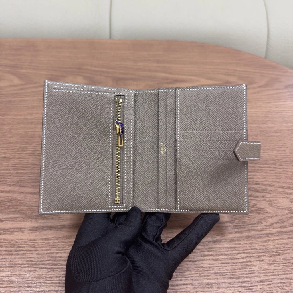 Hermes Bearn Wallet Grey Gold Women Classic