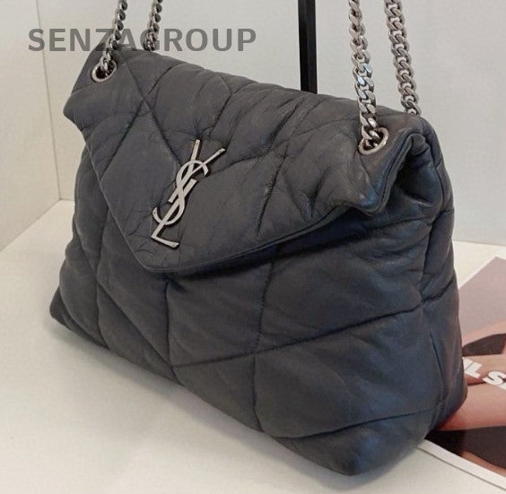Saint Laurent LouLou Purffer GM Chain Shoulder Bag Gray Silver Women Classic