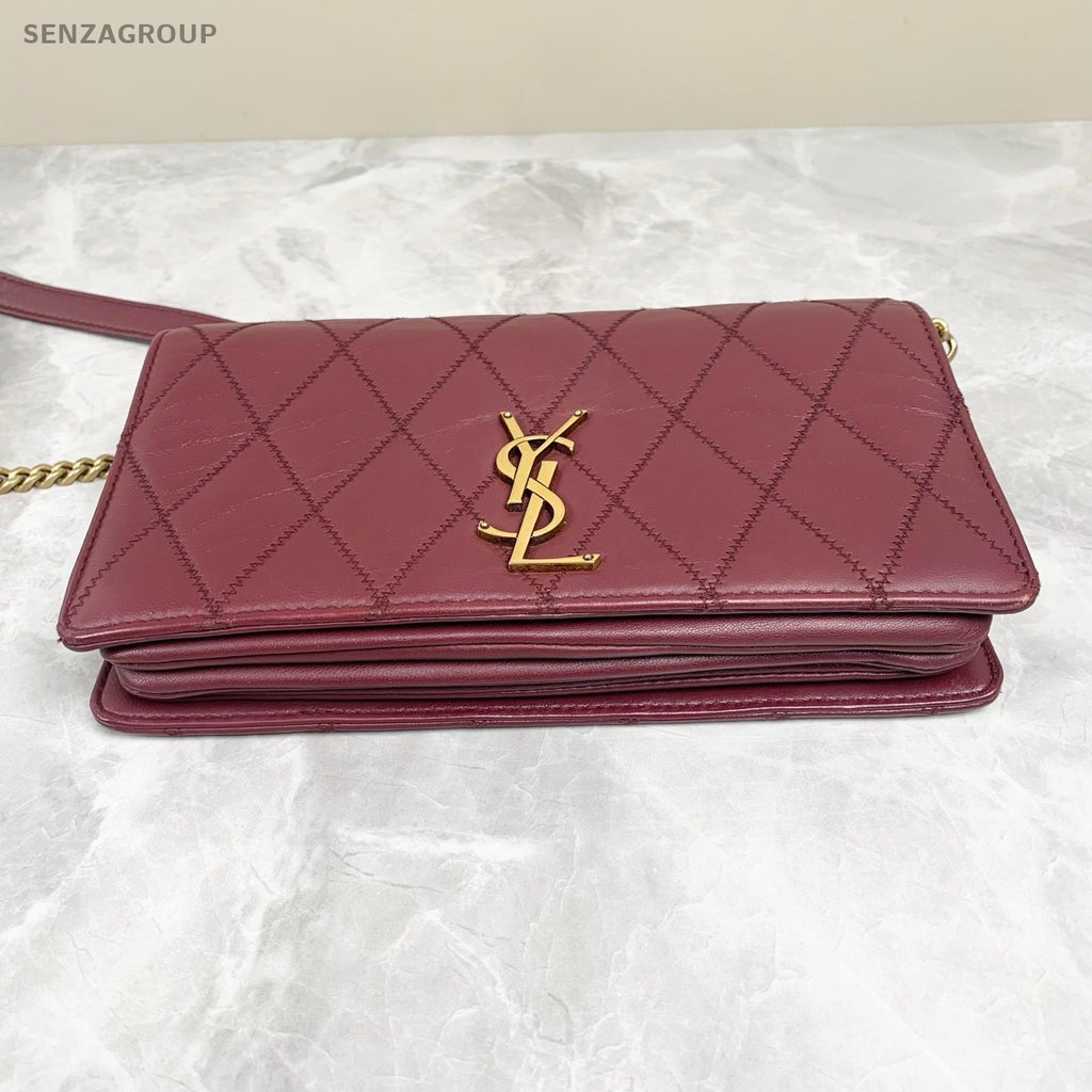 YSL Saint Laurent Diamond pattern Logo Shoulder bag Crossbody Wine Red Women