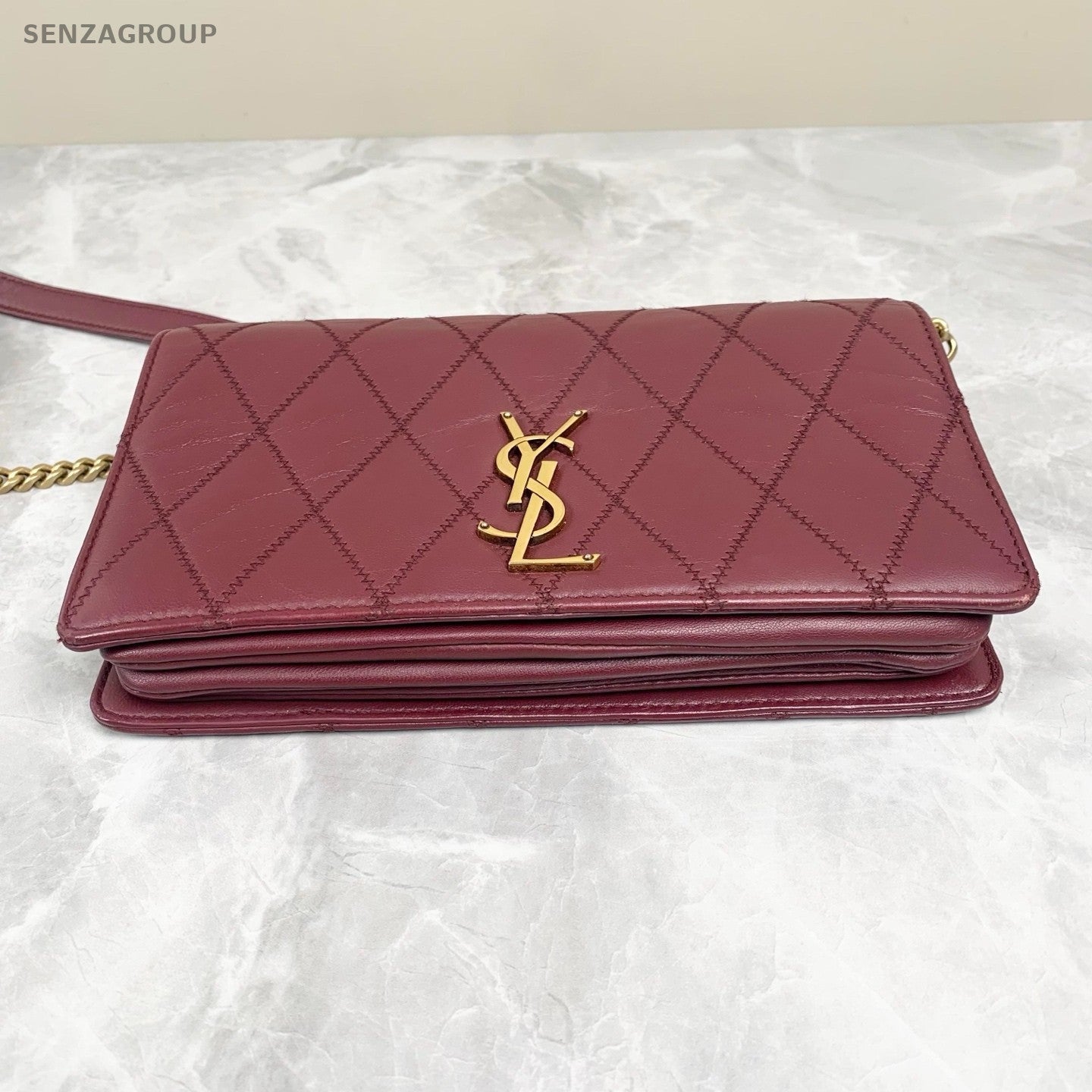 YSL Saint Laurent Diamond pattern Logo Shoulder bag Crossbody Wine Red Women