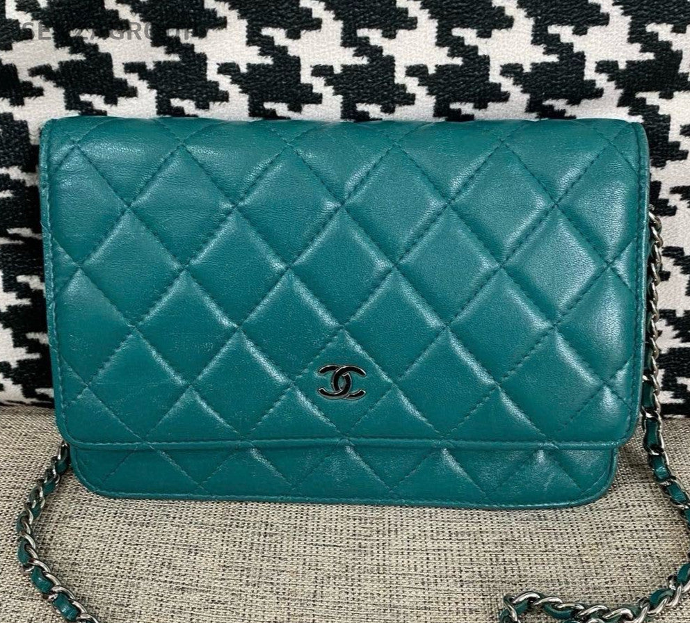 Chanel WOC Chain Shoulder Bag Crossbody Green Silver Women Classic Diamond
