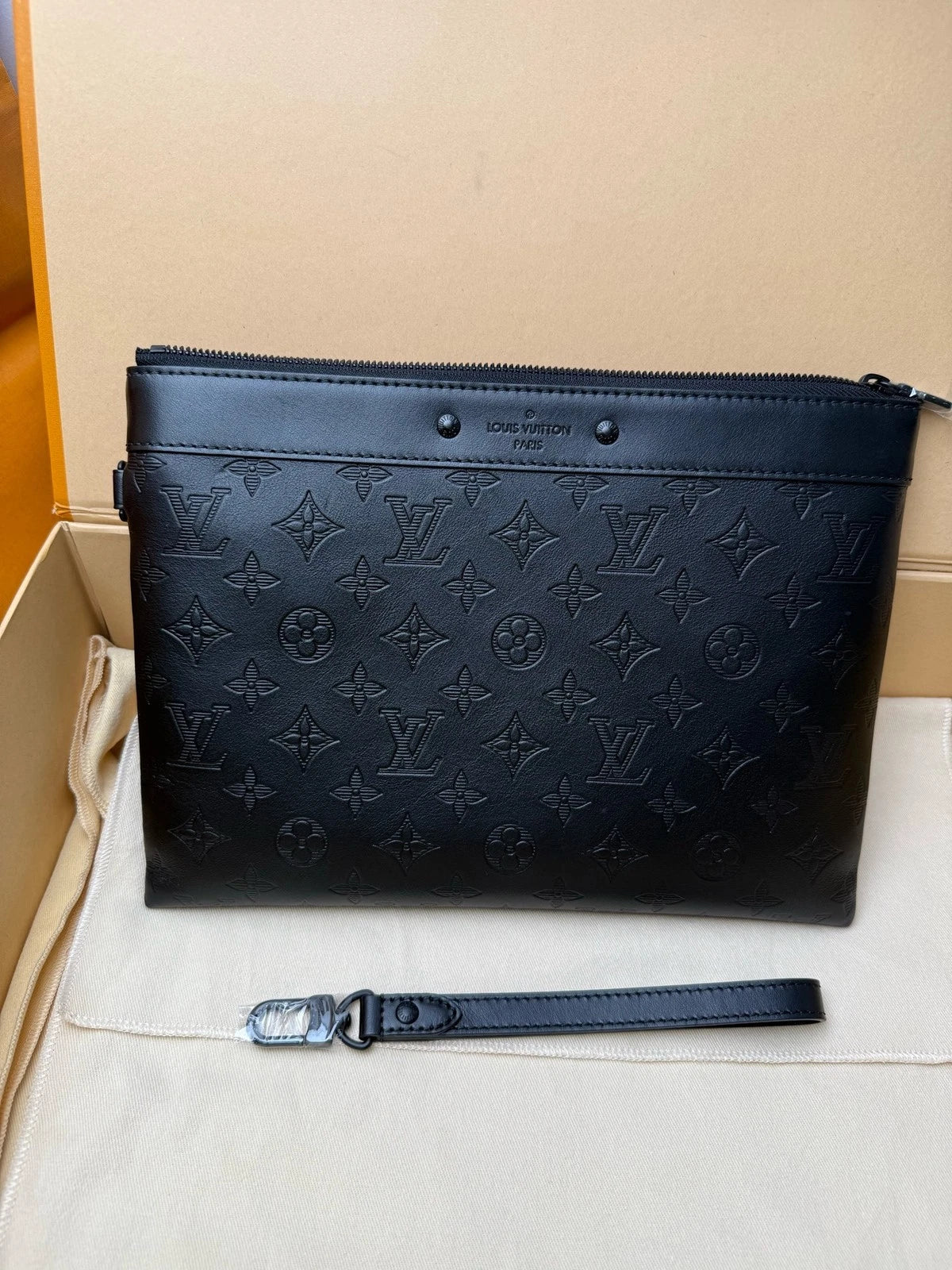 Louis Vuitton Black Monogram Embossed Leather Clutch Women