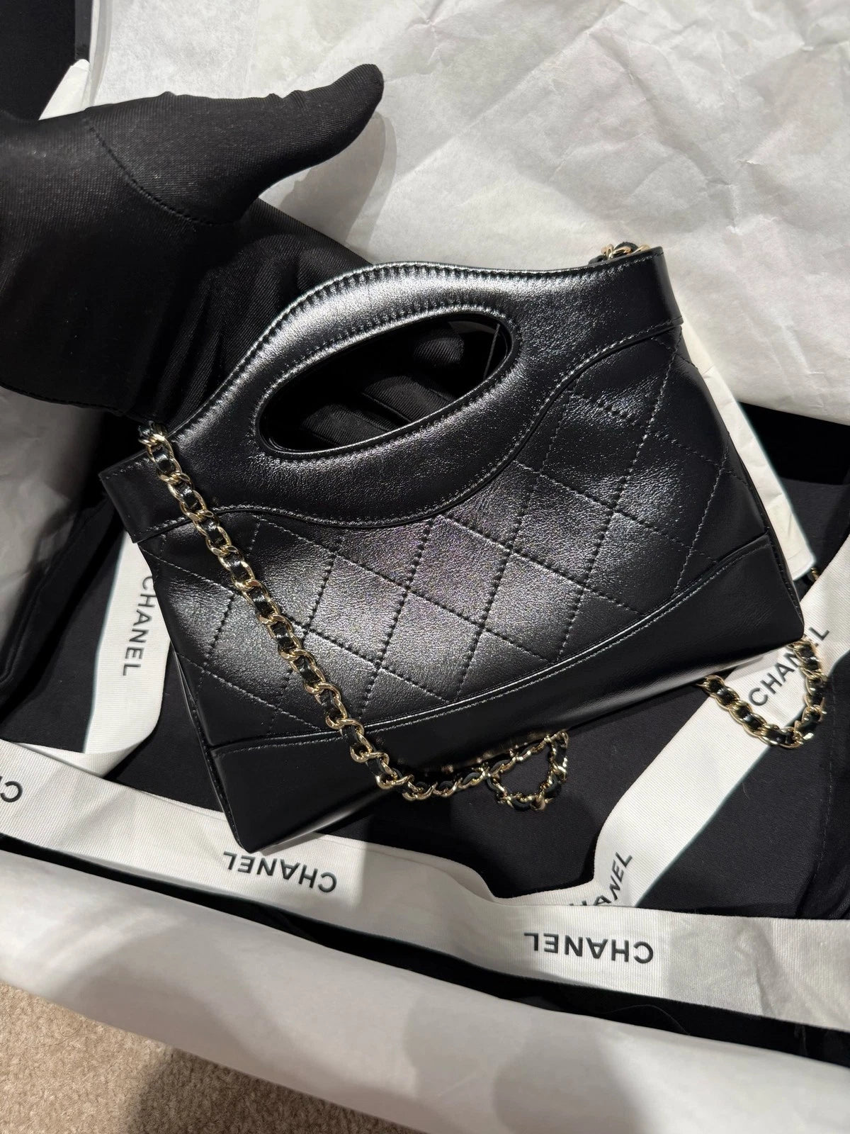 CHANEL Nano 31 Bag Black Gold Leather Tote Bag For Women