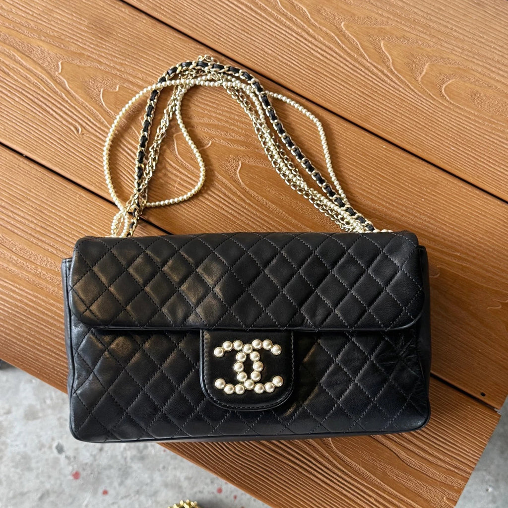 Authentic Chanel Classic Flap Chain Top Handle Bag Black Gold Hardware