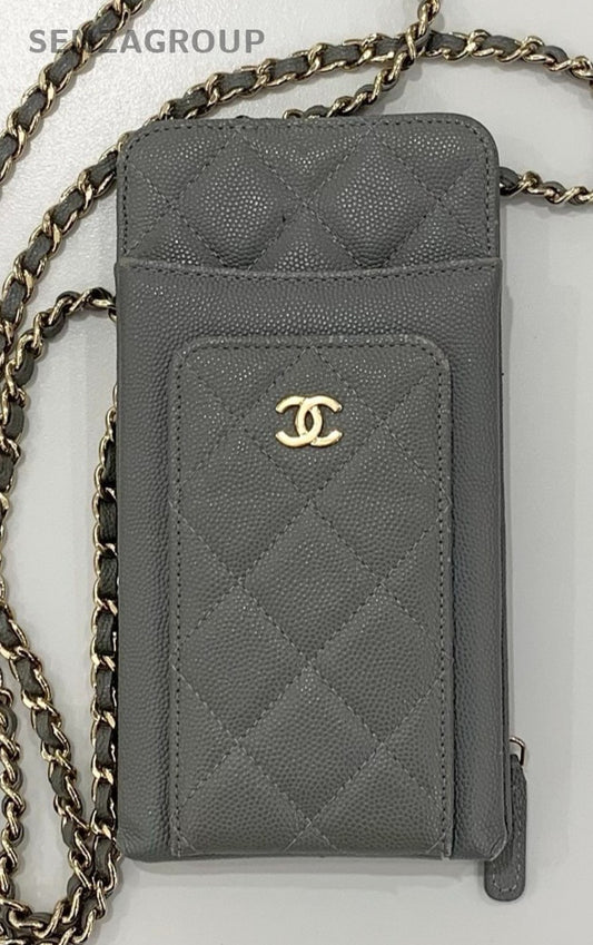 Chanel Calfskin Chain Shoulder Bag Crossbody Gray Gold Diamond Women Classic