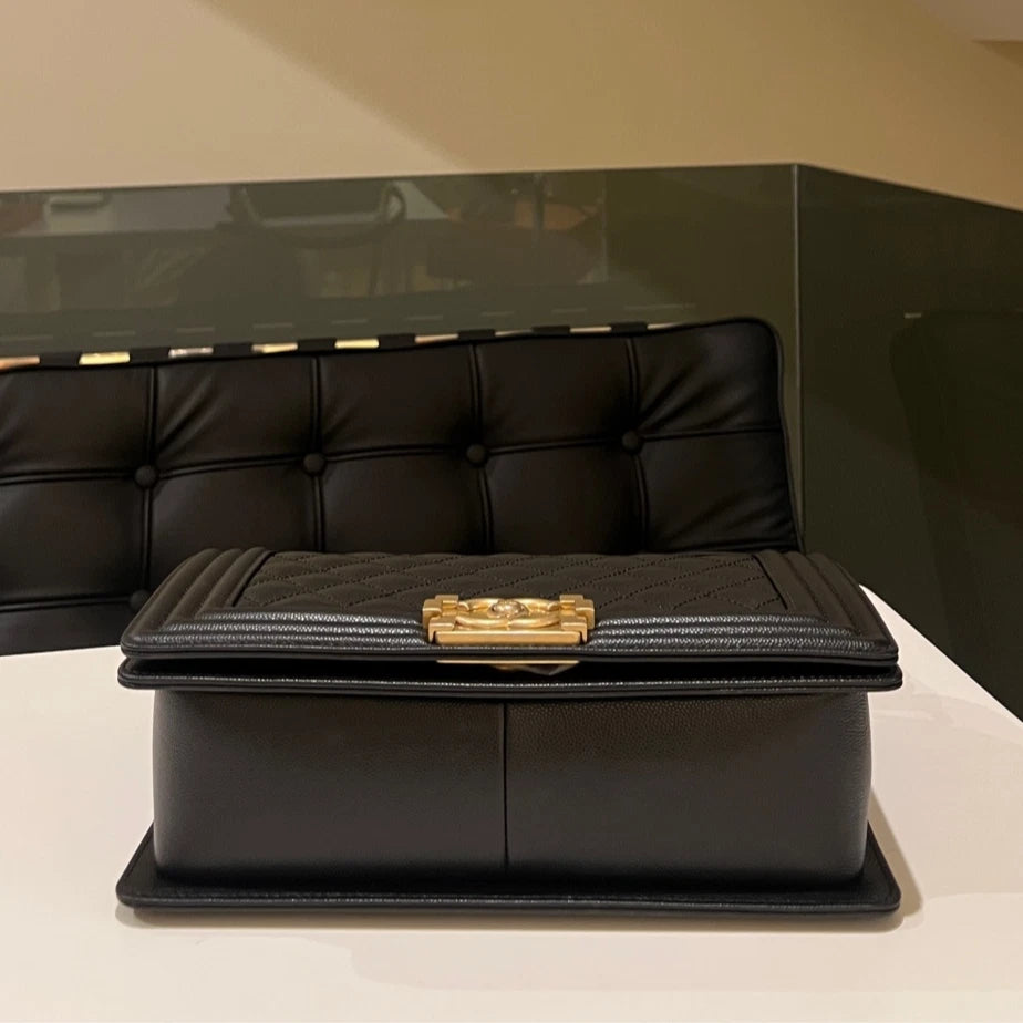 Authentic CHANEL Le Boy Medium Shoulder Bag Black with Gold Hardware