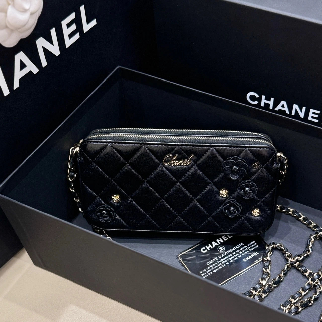 CHANEL Black Gold Camellia Badge WOC Crossbody Bag For Women