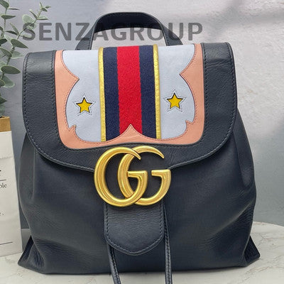 Gucci Black Leather Marmont Chain Backpack Gold Buckle Women's Fashion