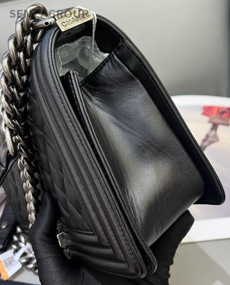 Chanel Leboy MM Lambskin Chain Shoulder Bag Black Silver Used Women Classic