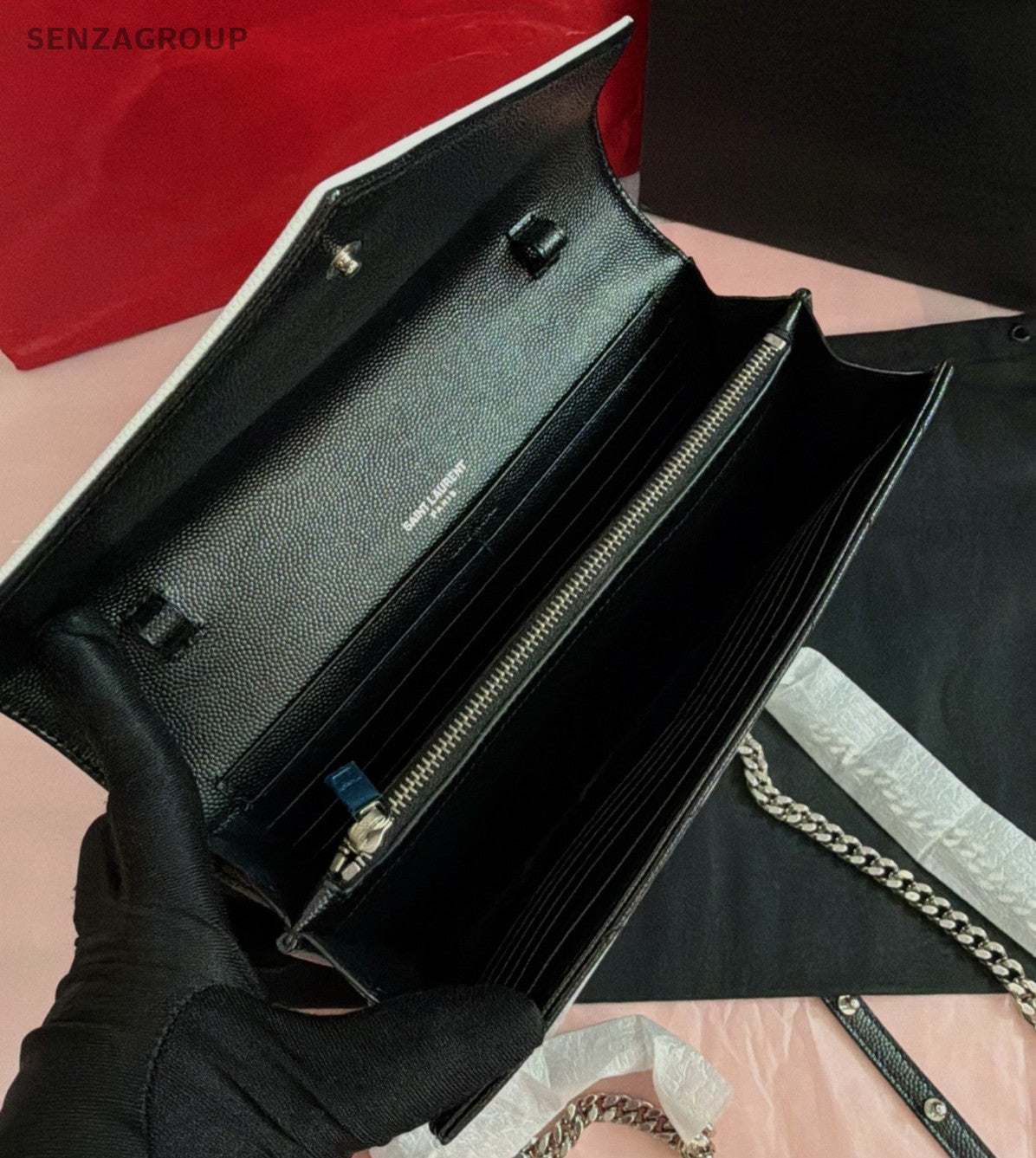 Saint Laurent Calfskin Envelope Shoulder Bag Crossbody Black White Silver Women
