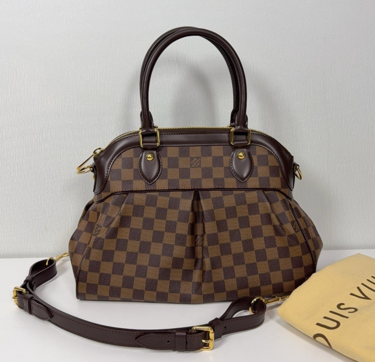 Louis Vuitton Trevi Damier Ebene Top Handle Shoulder Bag Brown Gold Women