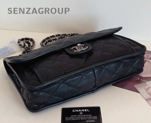 Chanel Jumbo Double Chain Calfskin Shoulder Bag Black Silver Women Classic