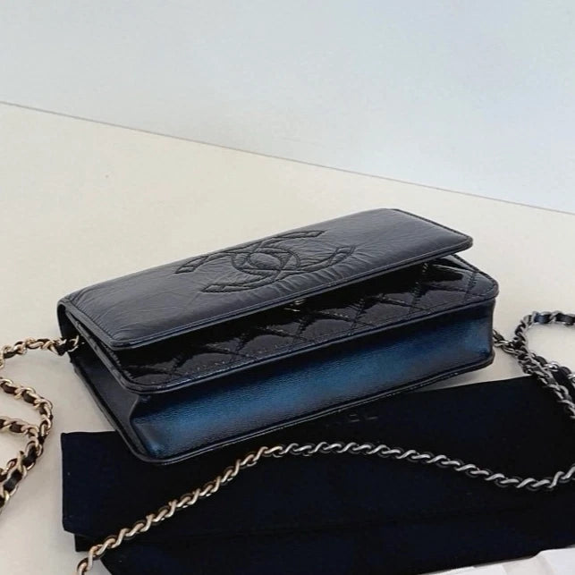 Chanel WOC Calfskin Chain Shoulder Bag Crossbody Black Gold Women Classic