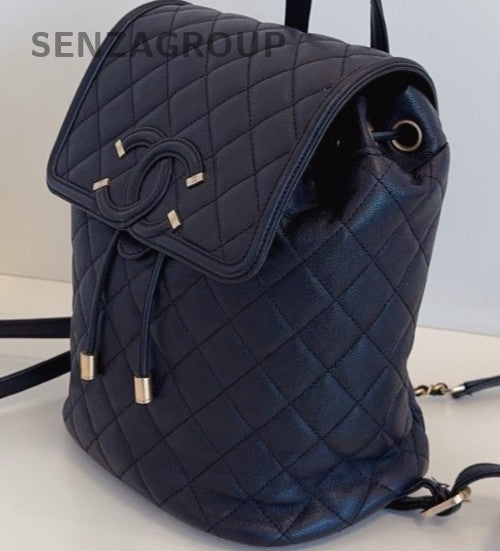 Chanel Vanity Case CC Logo Calfskin Chain Backpack Black Gold Women Classic