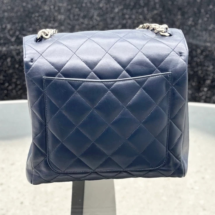 Chanel Lambskin Chain 2Ways Top Handle Shoulder Bag Navy Silver Women S