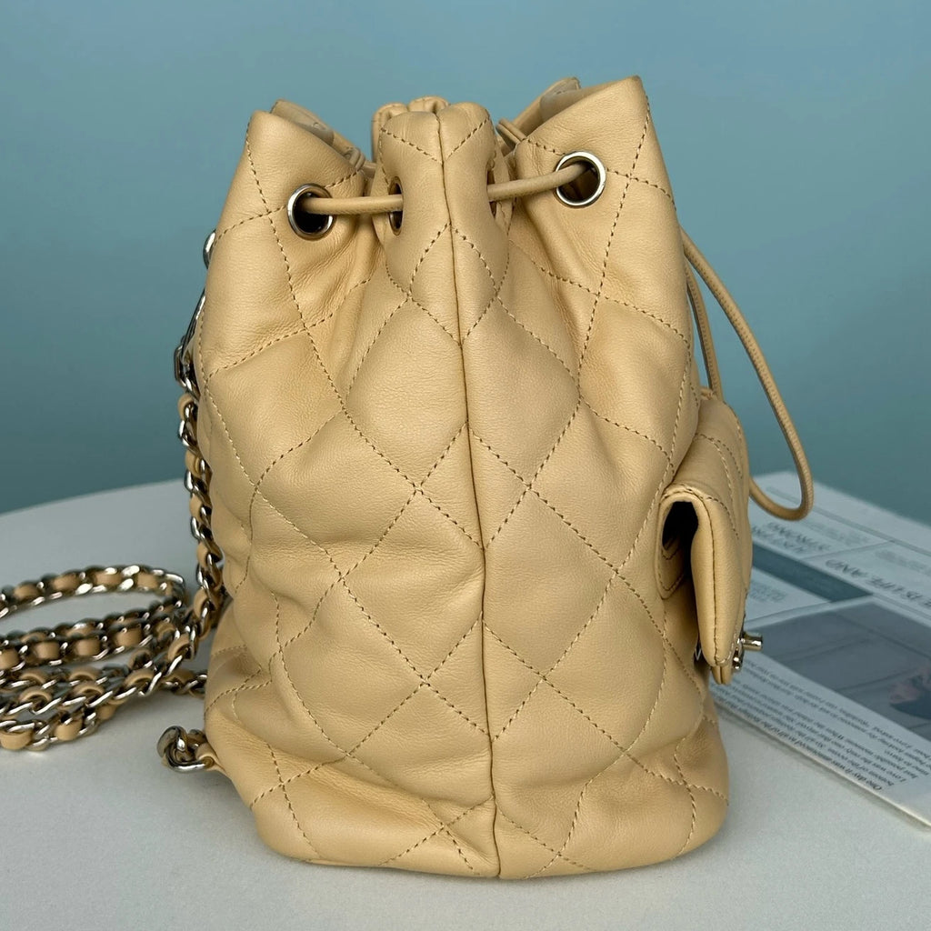 Chanel Diamond Chain Drawstring Backpack Beige Gold Used Women Classic