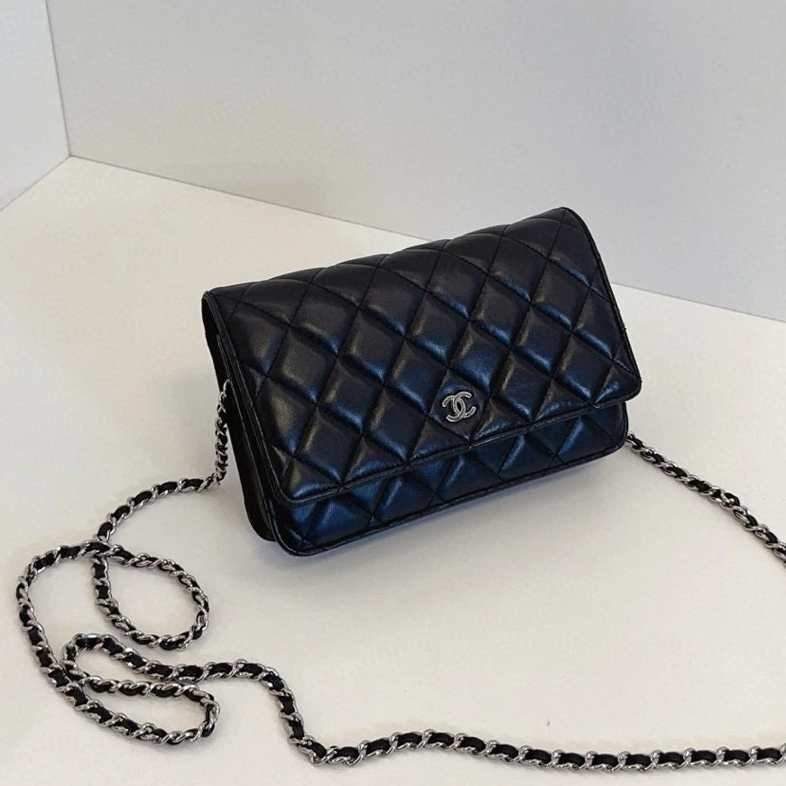 Chanel WOC Chain Lambskin Shoulder Crossbody Diamond Black Silver Women Classic