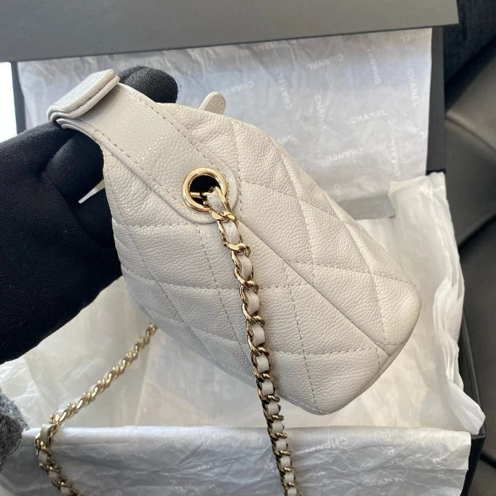 Chanel Calfskin Hobo Top Handle Bag Chain Crossbody White Gold Diamond Women D
