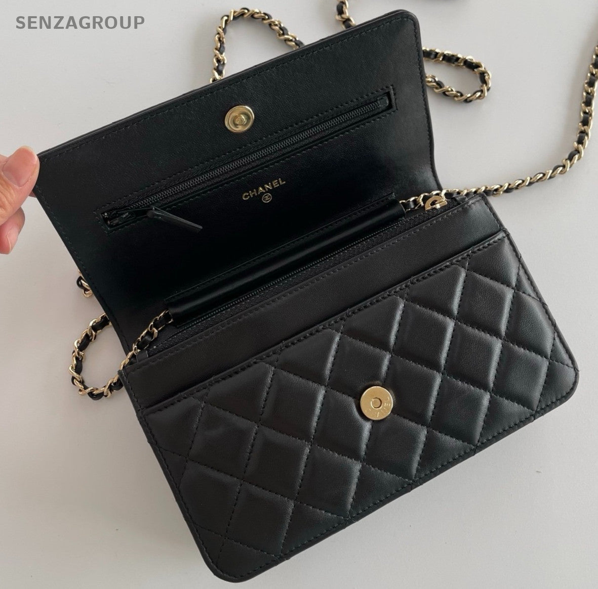 Chanel WOC Chain Shoulder Bag Crossbody Black Gold Women Classic Diamond