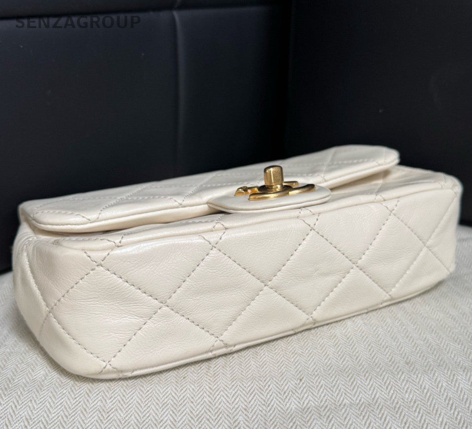 Chanel Classic Flap Mini Calfskin Pearl Chain Shoulder Bag White Gold Women