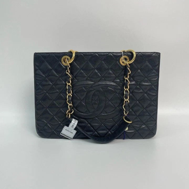 CHANEL GST Medium Black Gold Leather Tote Bag For Women