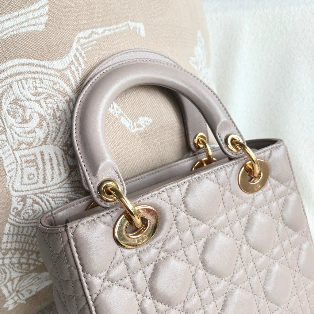 Christian Dior Lady Dior Lambskin Top Handle Crossbody Beige Gold Women Classic