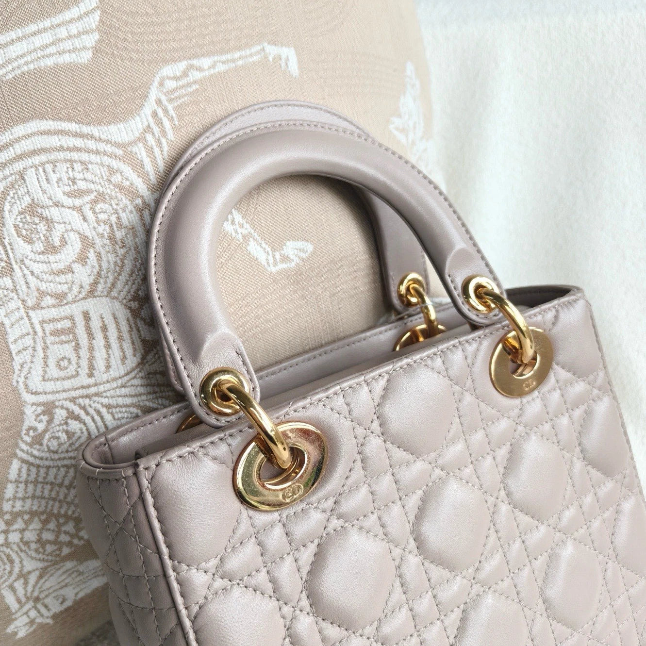 Christian Dior Lady Dior Lambskin Top Handle Crossbody Beige Gold Women Classic