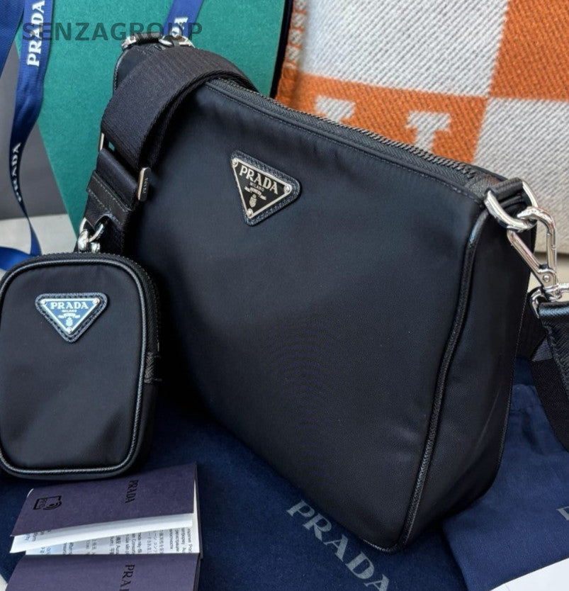 Prada Saffiano Canvas Shoulder Bag Crossbody Black Silver Unisex Adults Classic
