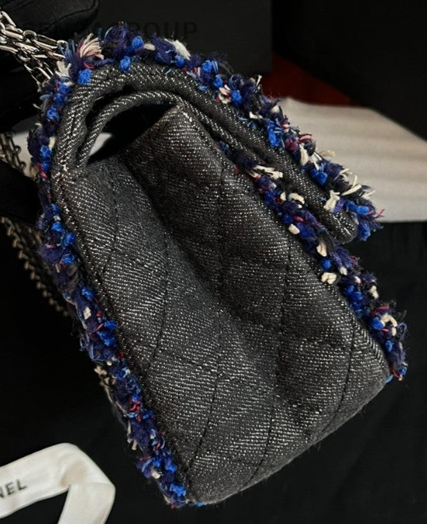 Chanel Denim Chain 2Way Shoulder Bag Crossbody Black Blue Women Classic
