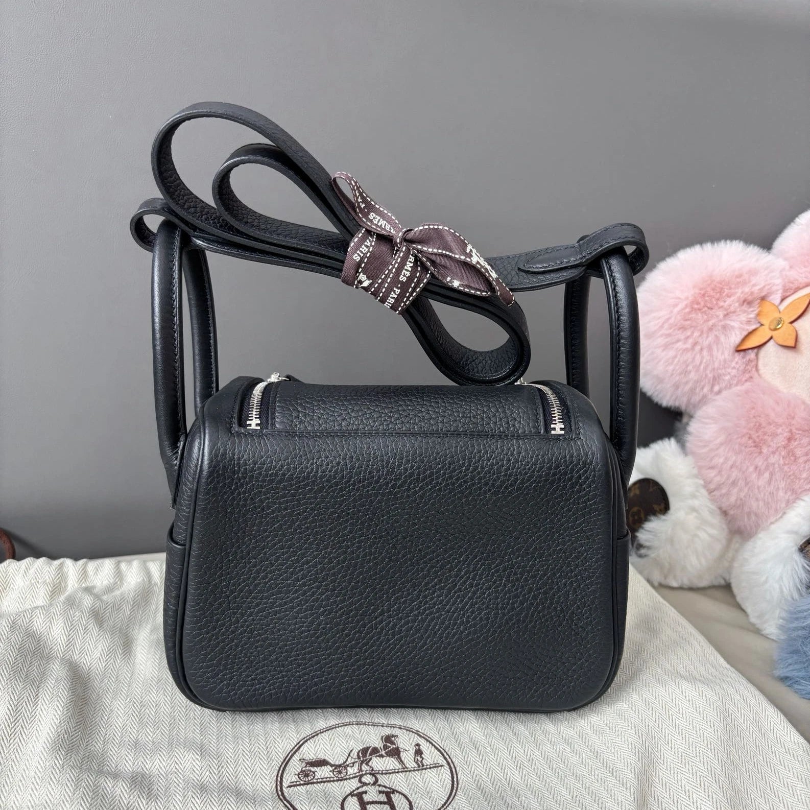Hermes Lindy Mini Top Handle Shoulder Bag Black Silver Women Classic