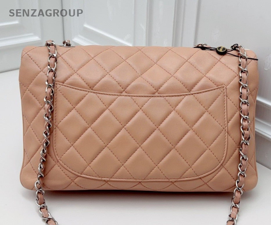 Chanel Classic Flap Lambskin Chain Shoulder Bag Peach Pink Silver Women Fashion
