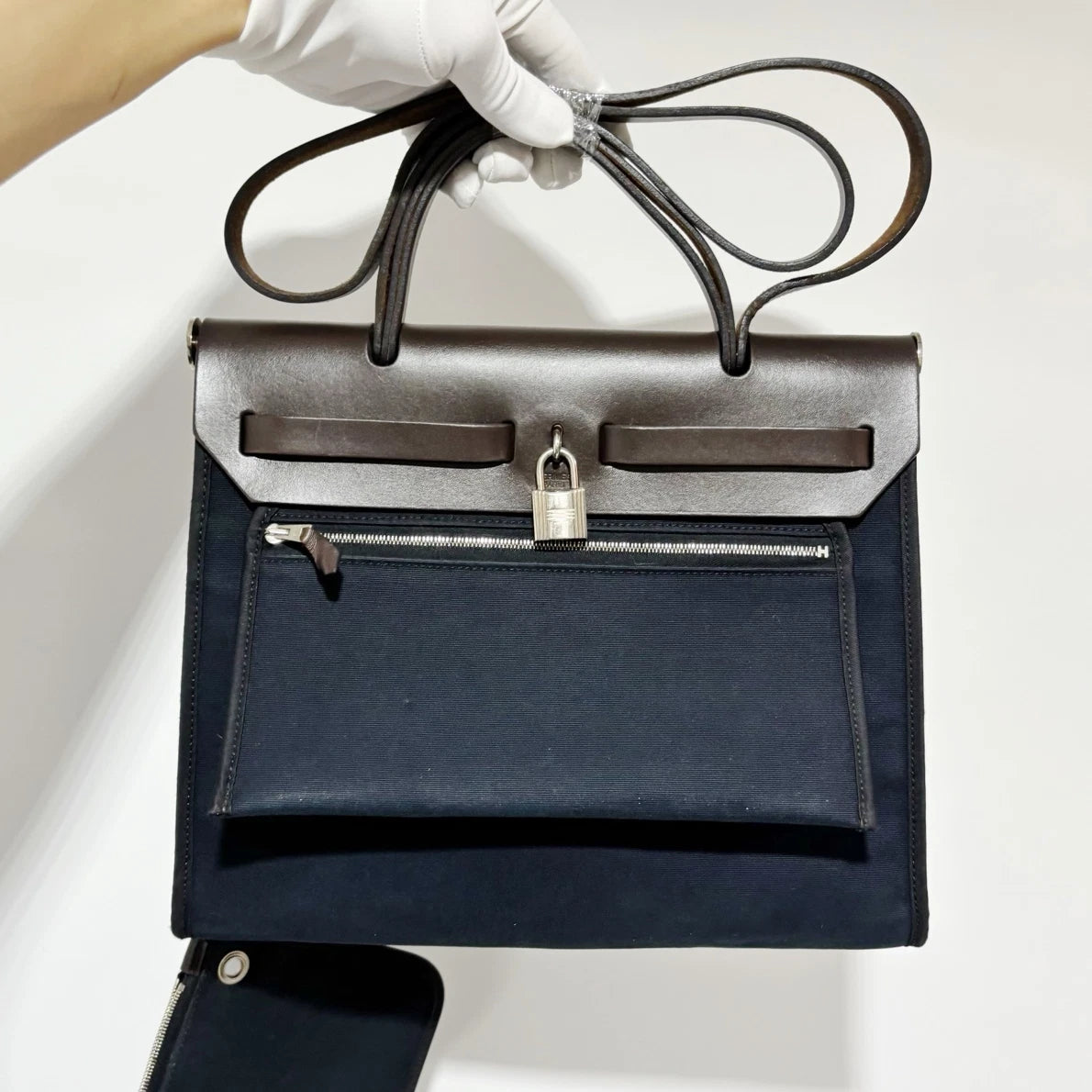 Hermes Herbag31 Navy Canvas Handbag Shoulder Bag Silver Hardware