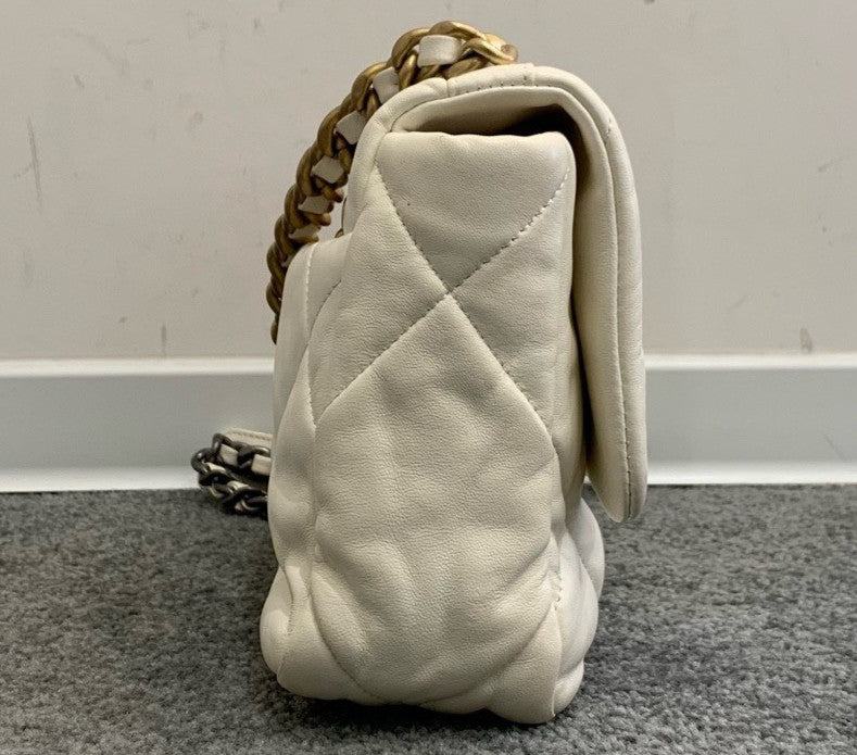 Chanel 19Bag PM Chain Top Handle Shoulder Crossbody White Gold Women Classic