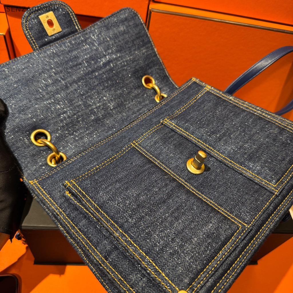 Chanel 23S Denim Quilted Crossbody Bag Blue Gold Women's Shoulder Bag