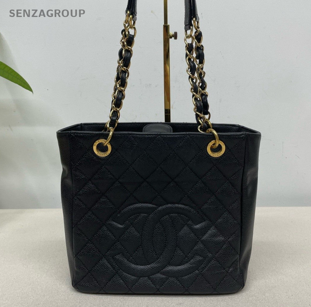 Chanel PST Chain Shoulder Bag Black Gold Diamond Women Classic