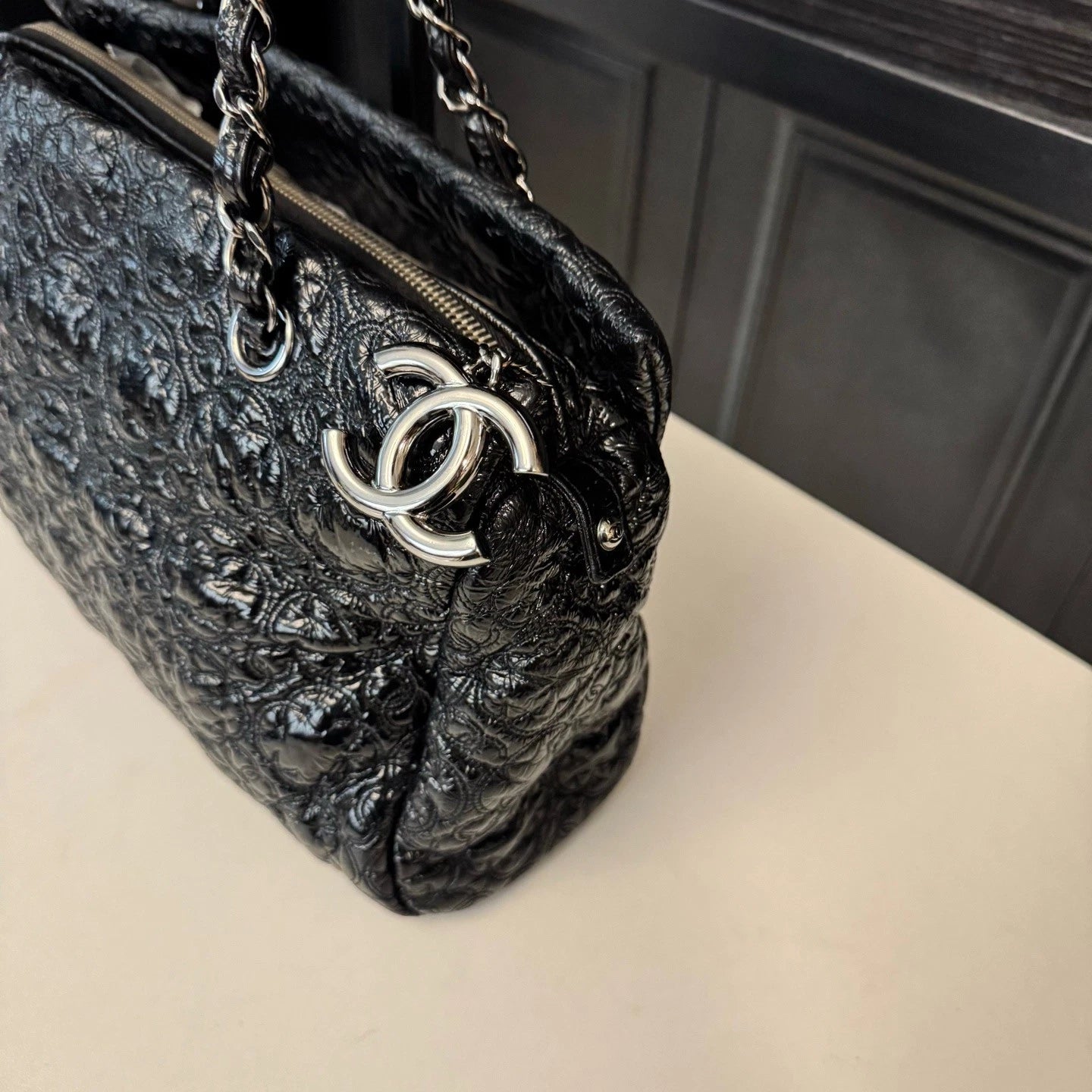 Chanel Tote Chain Shoulder Bag Black Silver Used Women Classic
