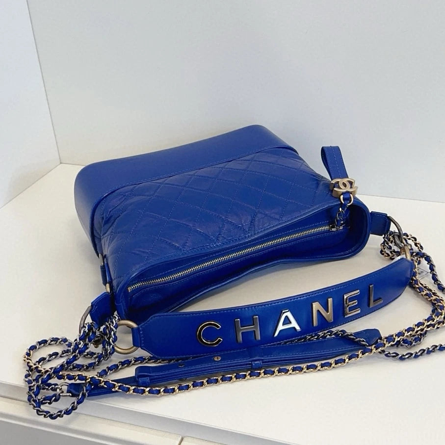 Chanel Gabrielle MM Chain Top Handle Shoulder Crossbody Blue Gold Women Classic