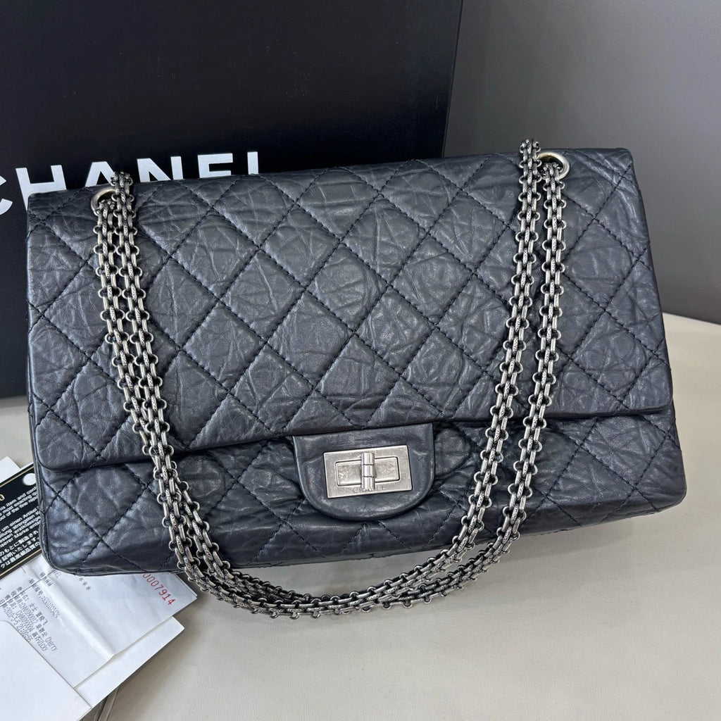 Authentic Chanel 2.55 Maxi Black Quilted Flap Chain Silver Hardware Excellent