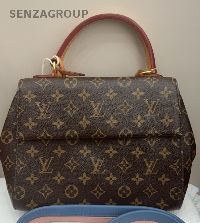 Louis Vuitton Cluny BB Monogram Top Handle Bag Crossbody Brown Blue Gold Women