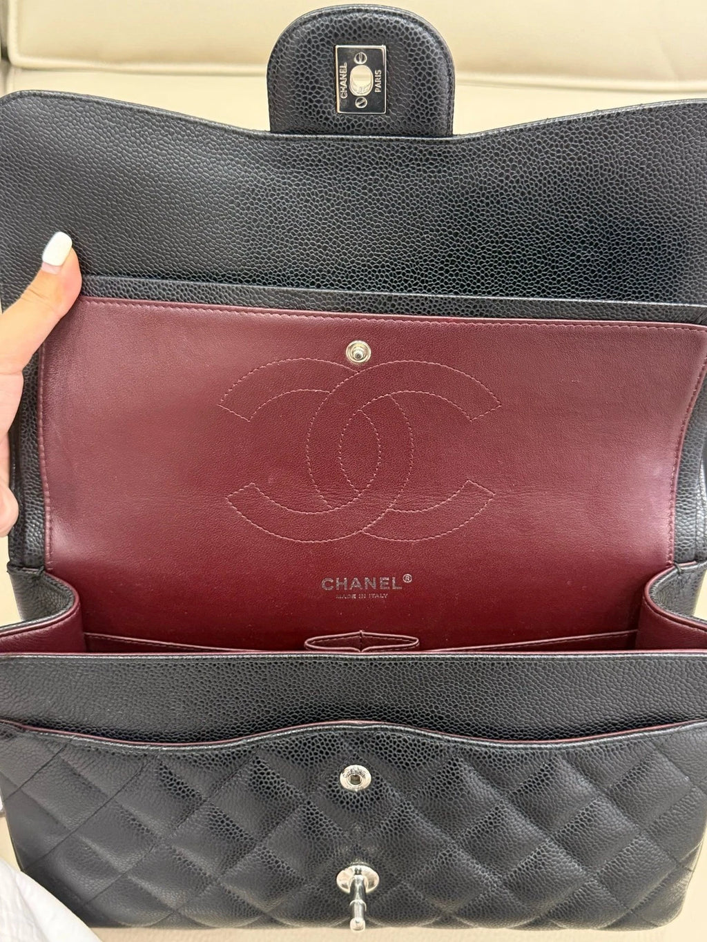 CHANEL CF Maxi Double Flap Black Silver Grained Leather Chain Bag For Women
