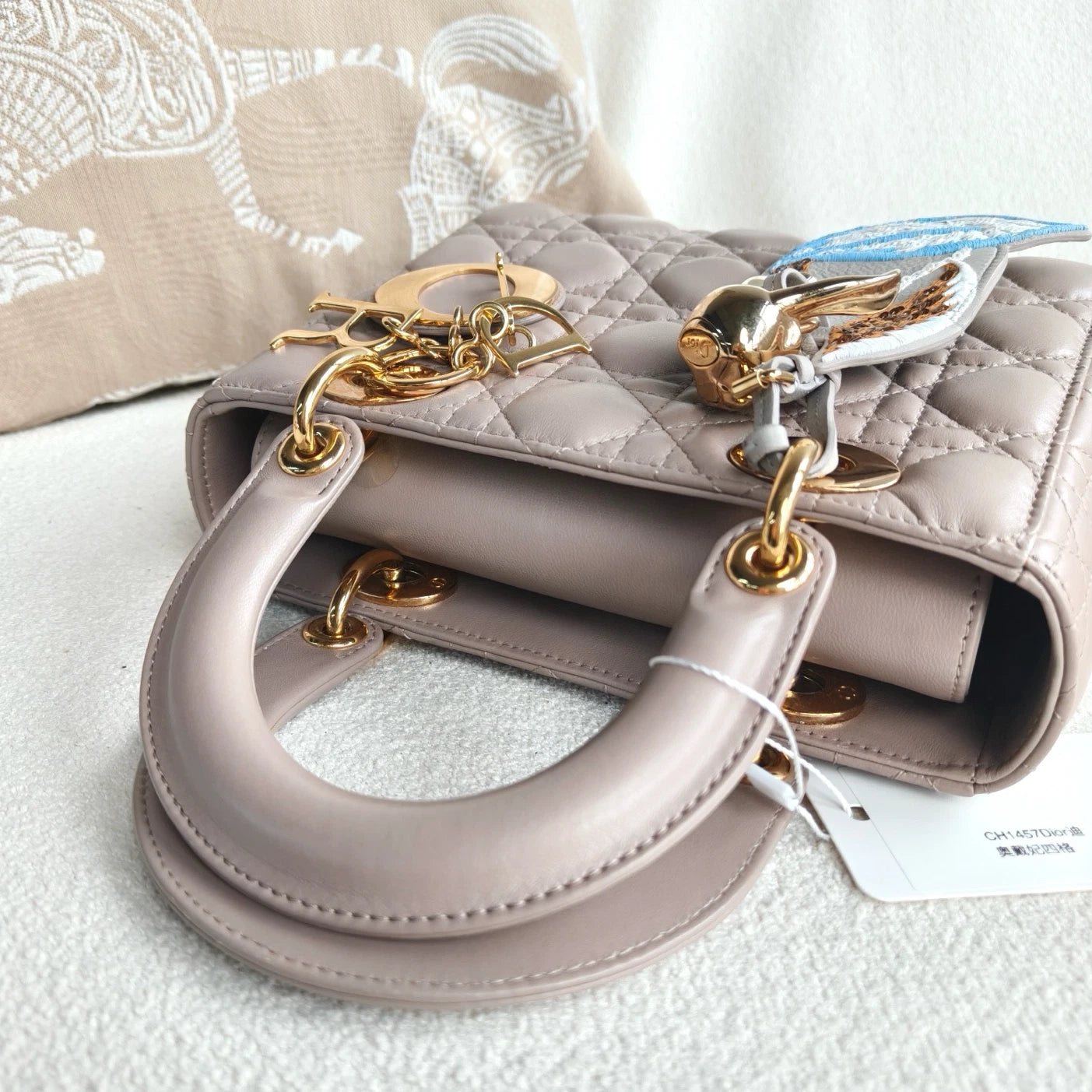 Christian Dior Lady Dior Lambskin Top Handle Crossbody Beige Gold Women Classic
