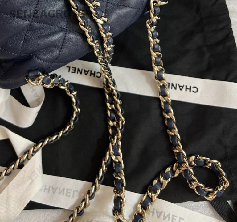 Chanel 23B Calfskin Chain Backpack Blue Gold Diamond Used Women Classic Fashion