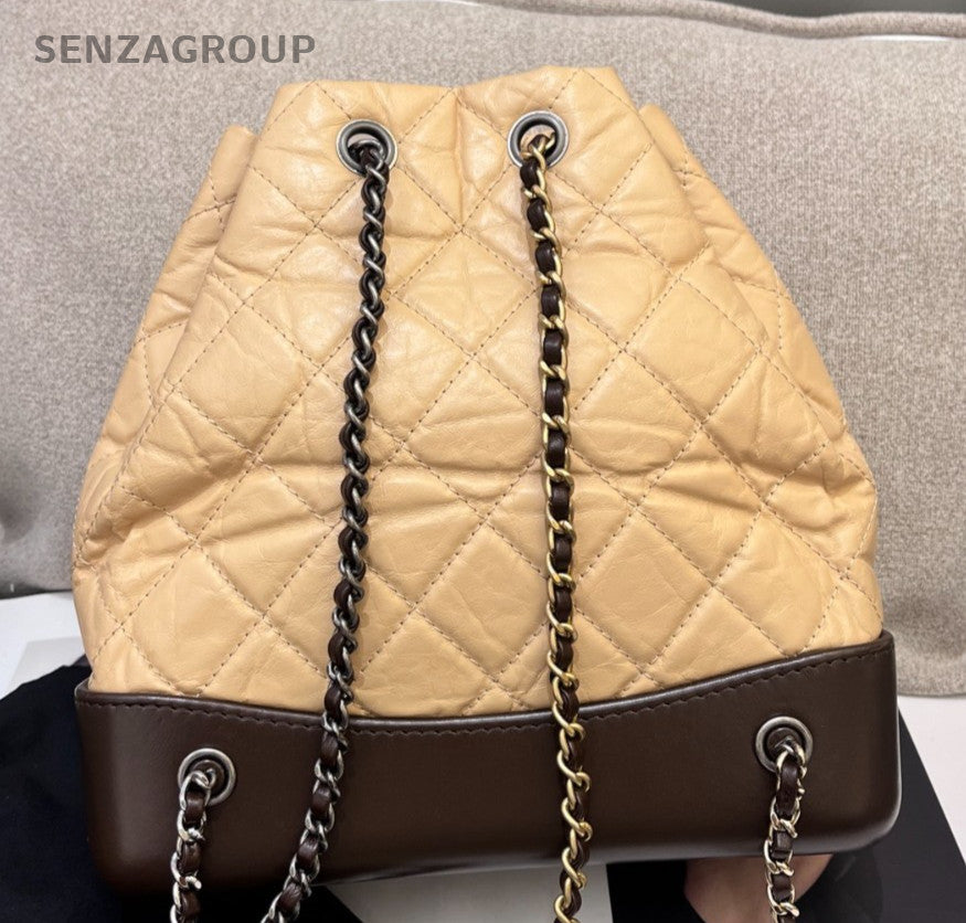 Chanel Diamond Gabrielle PM Chain Backpack Beige Brown Gold Women Classic