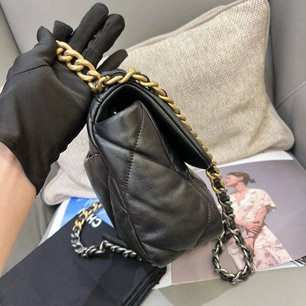 Chanel 19Bag PM Chain Top Handle Crossbody Black Gold Diamond Women Classic