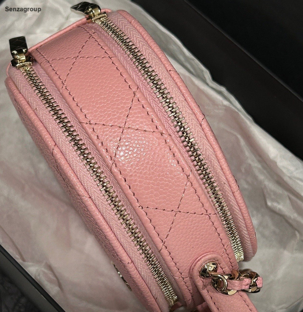 Chanel Diamond Calfskin Round Bag Chain Shoulder Bag Crossbody Pink Gold Women