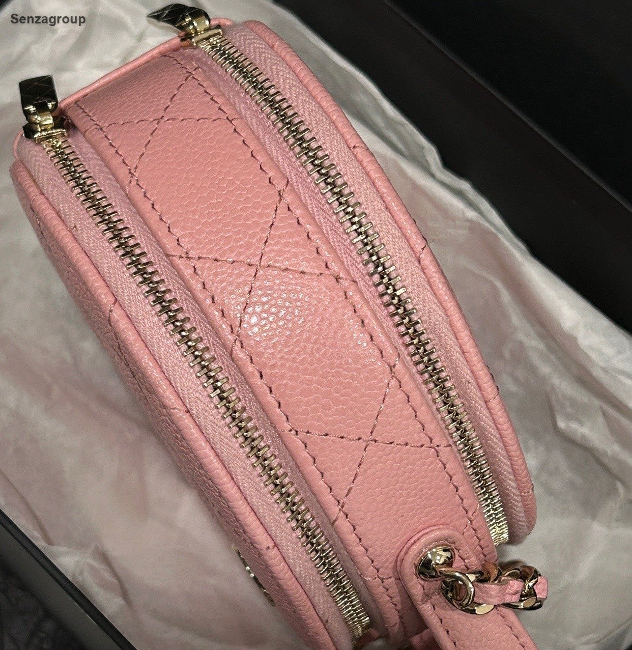Chanel Diamond Calfskin Round Bag Chain Shoulder Bag Crossbody Pink Gold Women