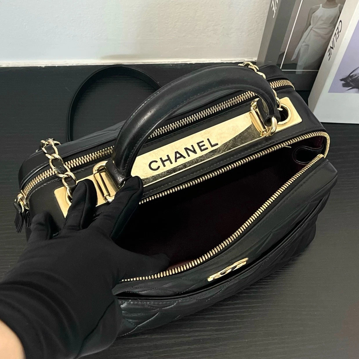 Chanel Trendy CC Lambskin Top Handle Shoulder Bag Black Gold Women Classic