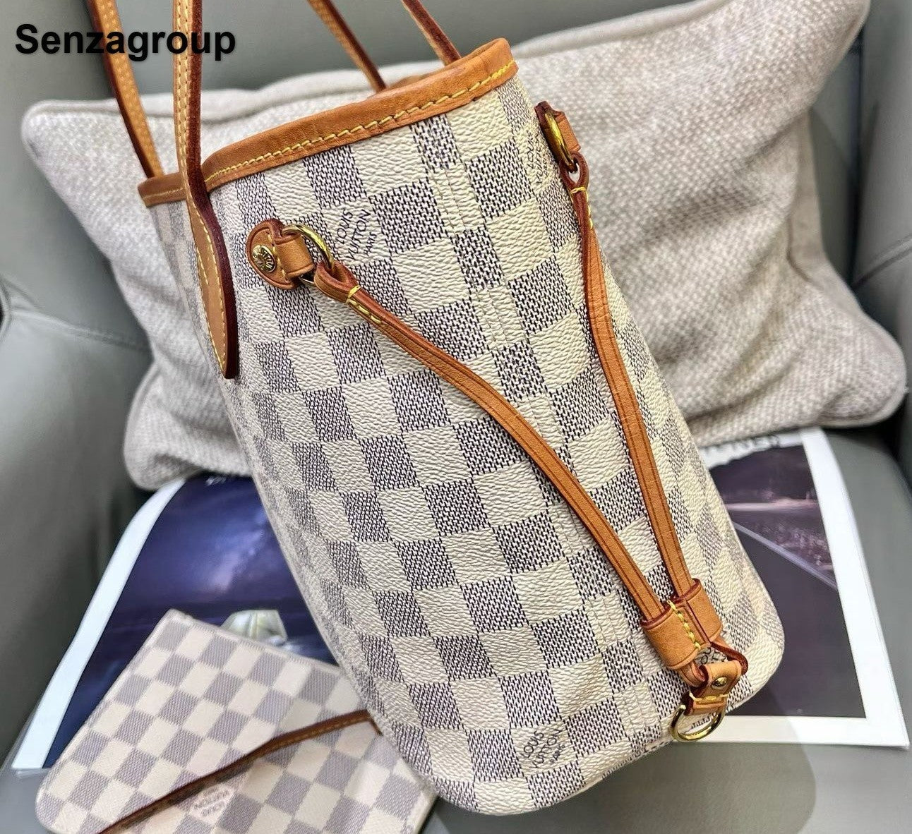 Louis Vuitton Neverfull PM Damier Ebene Shoulder Bag White Gold Women Classic